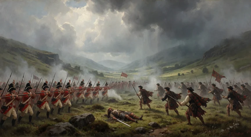 Batalla de Culloden 1746: infantería británica avanza sobre los highlanders escoceses en la niebla