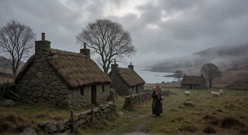 que le hicieron los ingleses a los escoceses, Aldea gaélica en las Highlands durante las Clearances, familias desalojadas de sus tierras