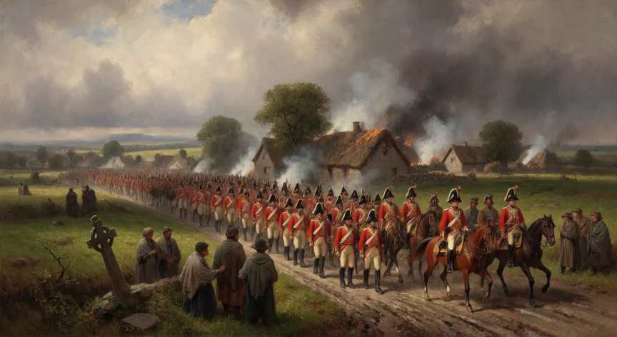 Soldados británicos marchando por un pueblo irlandés en llamas durante la conquista