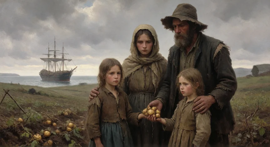 que le hicieron los ingleses a los irlandeses, Familia irlandesa desnutrida durante la Gran Hambruna de 1845 con cosecha de patatas muertas