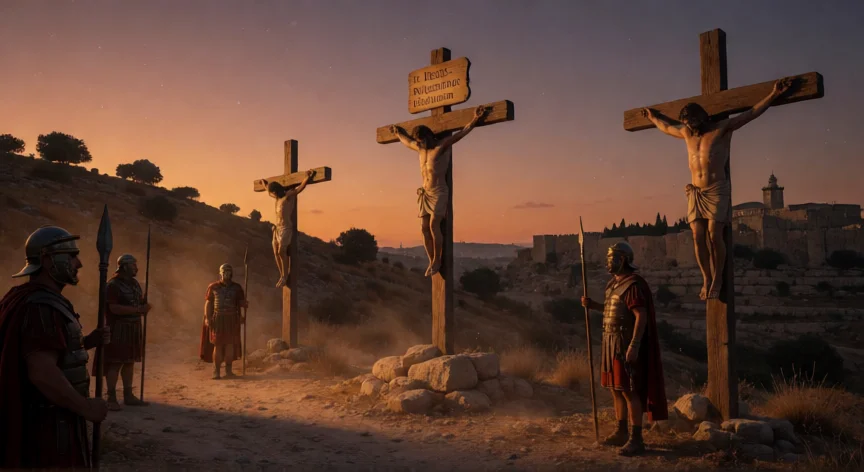 que le hicieron los romanos a jesus, Crucifixión en el Gólgota con soldados romanos de guardia al atardecer, Jerusalén siglo I