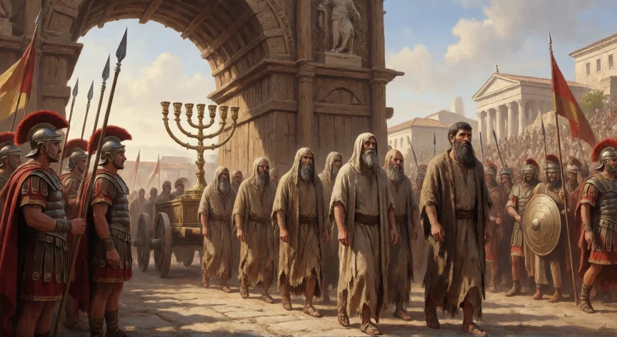 que le hicieron los romanos a los judios, Procesión triunfal romana con prisioneros judíos y la Menorá del Templo tras el saqueo de Jerusalén.