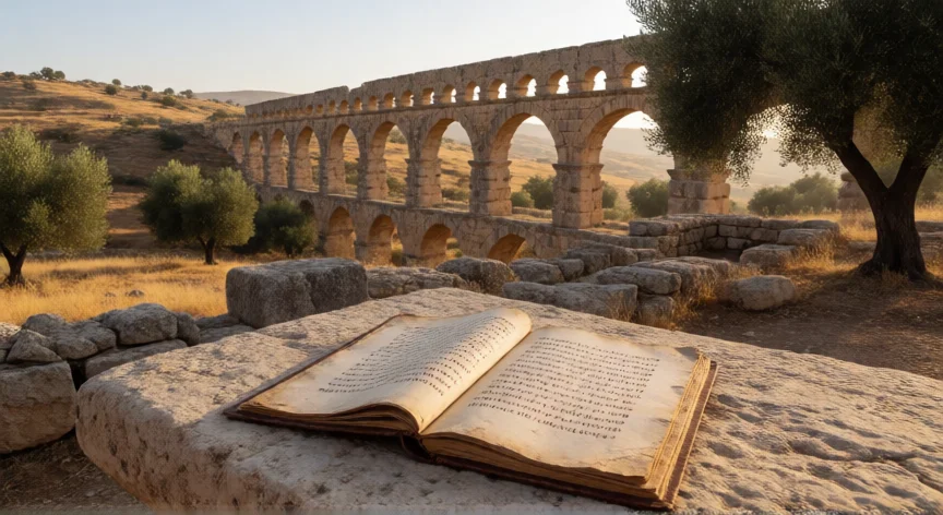 Ruinas romanas de Judea con un manuscrito antiguo de fondo, evocando el contexto histórico del siglo I