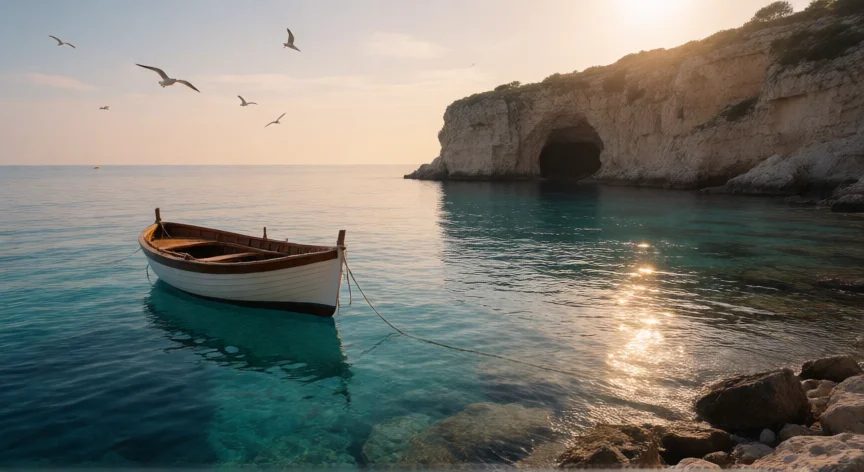 que le hicieron los romanos a maria magdalena, Barca sin remos a la deriva junto a la costa de las Saintes-Maries-de-la-Mer al atardecer