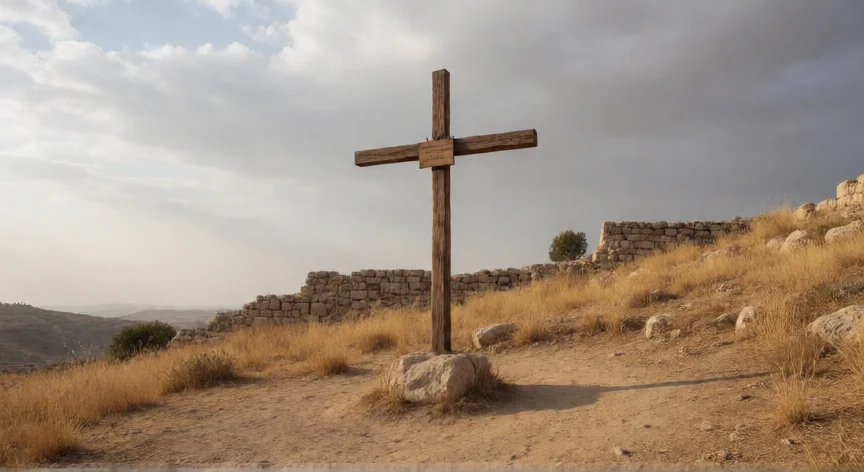 qué le hicieron los soldados romanos a jesús, Reconstrucción de una cruz romana de madera en un paisaje colinado cerca de Jerusalén, siglo I.