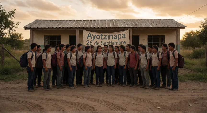 que les hicieron a los 43 normalistas, Estudiantes de la Normal Rural de Ayotzinapa frente a su escuela en Iguala, Guerrero