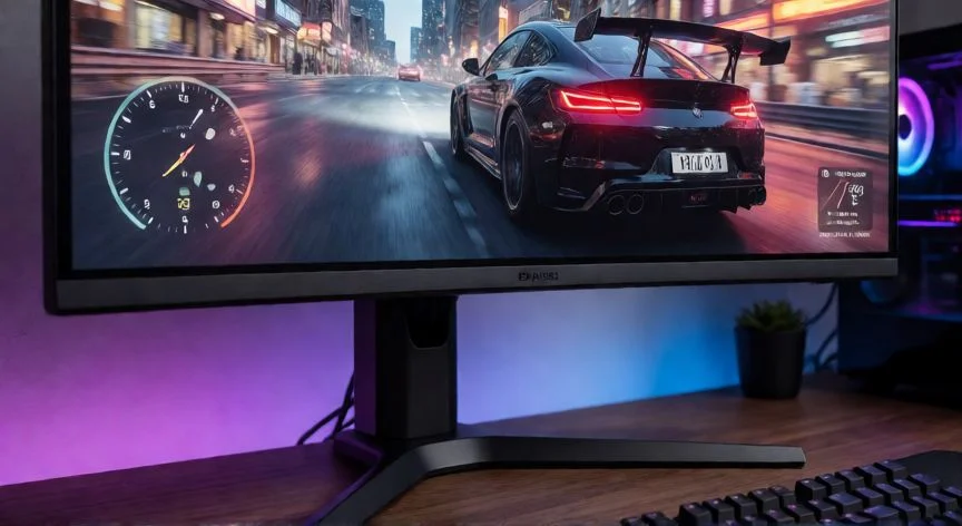 Monitor curvo para gaming con iluminación RGB sobre escritorio de madera