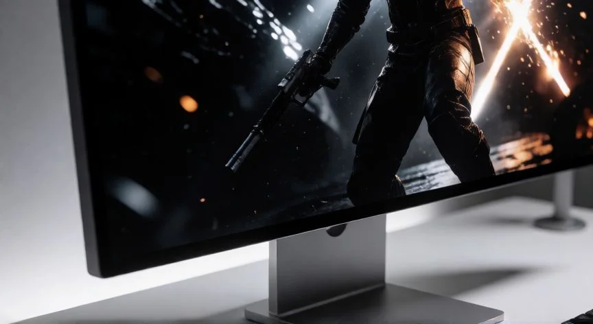 Monitor de ordenador moderno con pantalla OLED mostrando imagen de alta calidad sobre escritorio minimalista