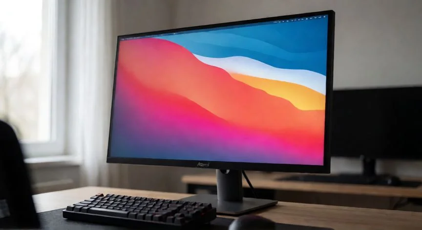 Monitor Adorní sobre escritorio con teclado y ratón