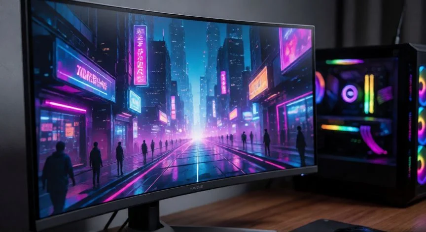 Monitor gamer curvo de ultrawide mostrando un videojuego con gráficos brillantes