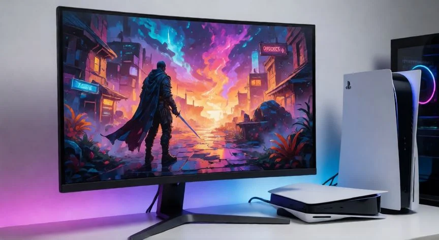 Setup de escritorio con PlayStation 5 y monitor curvo gaming