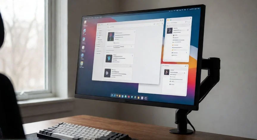 Configuración de escritorio de trabajo con monitor IPS de 27 pulgadas y luz natural
