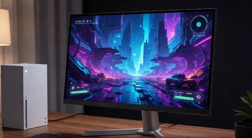 Monitor gamer de alta gama conectado a una consola Xbox Series X en un escritorio moderno