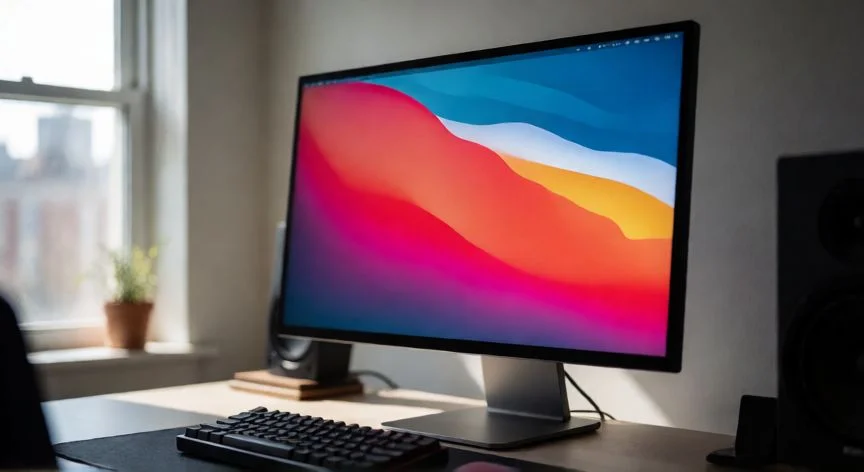 Monitor de 27 pulgadas en un escritorio de oficina moderna con luz natural