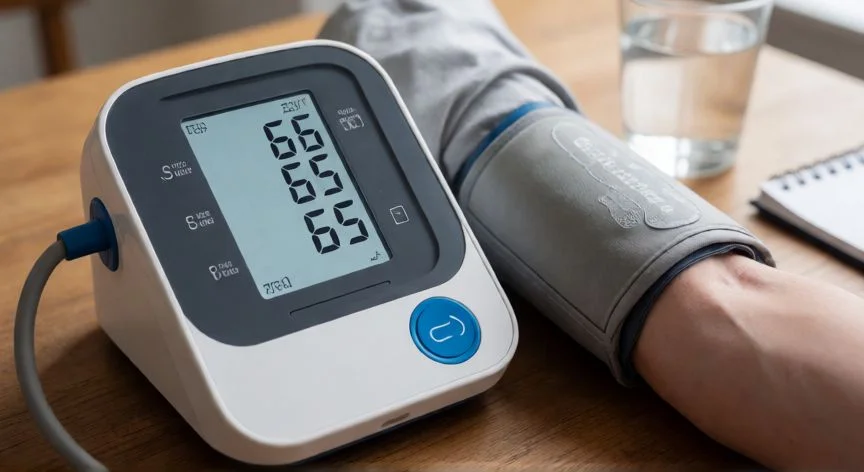 Monitor de tensión arterial automático de brazo sobre una mesa de madera