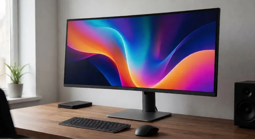 Setup de escritorio moderno con monitor ultrapanorámico IPS en una oficina en casa