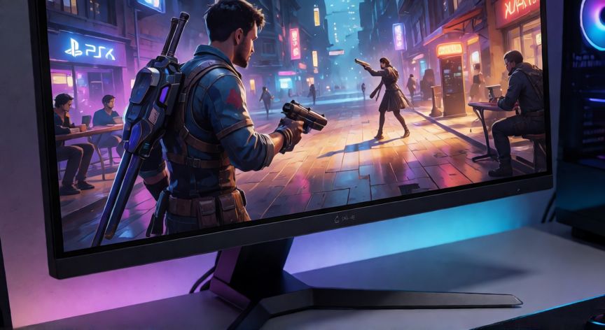 Monitor gaming de alta gama conectado a una consola PlayStation 5 en un escritorio moderno