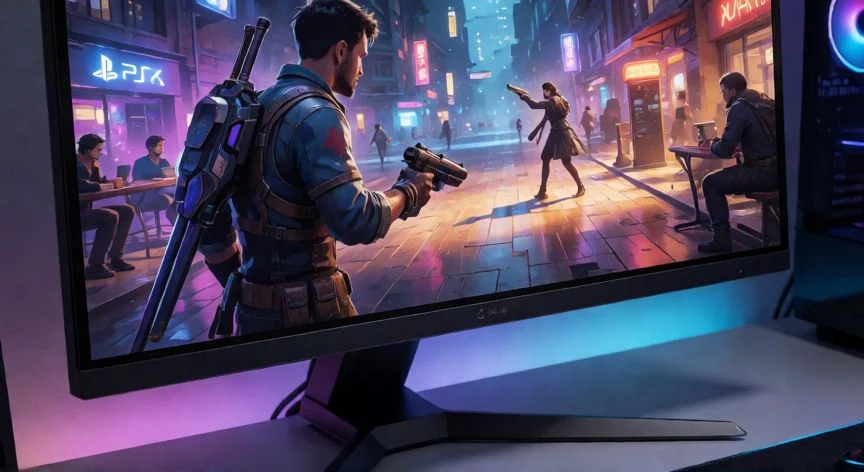 Monitor gaming de alta gama conectado a una consola PlayStation 5 en un escritorio moderno