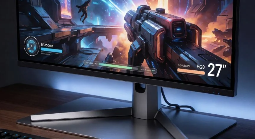 Monitor gaming de 27 pulgadas con retroiluminación azul sobre escritorio moderno