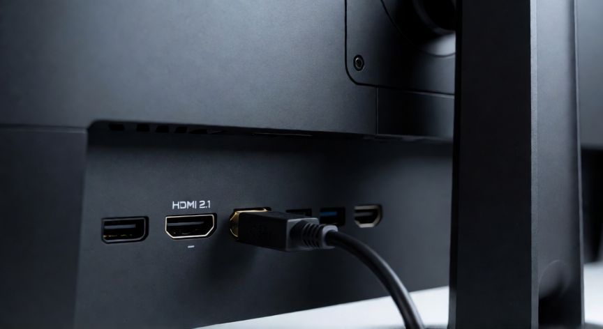 Panel trasero de un monitor de gaming con puerto HDMI 2.1 visible