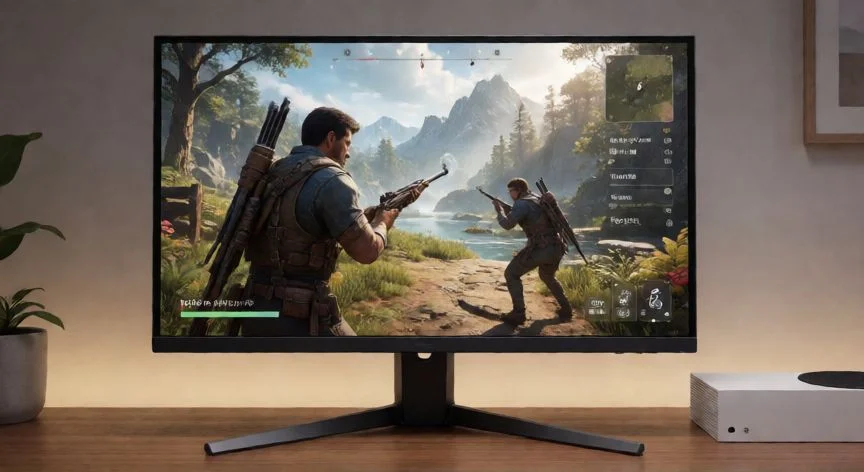 Monitor de juego Full HD junto a una consola Xbox Series S sobre un escritorio