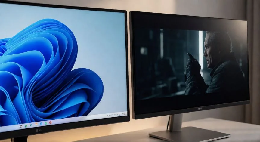 Comparativa de monitores Samsung curvo y LG plano sobre escritorio
