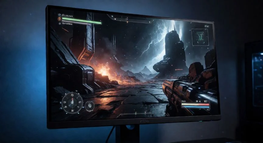 Monitor gamer de alta gama mostrando un juego con colores vibrantes en una habitación oscura