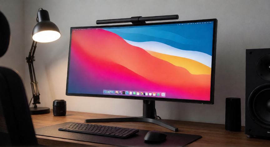 Configuración de escritorio moderno con monitor ultrapanorámico