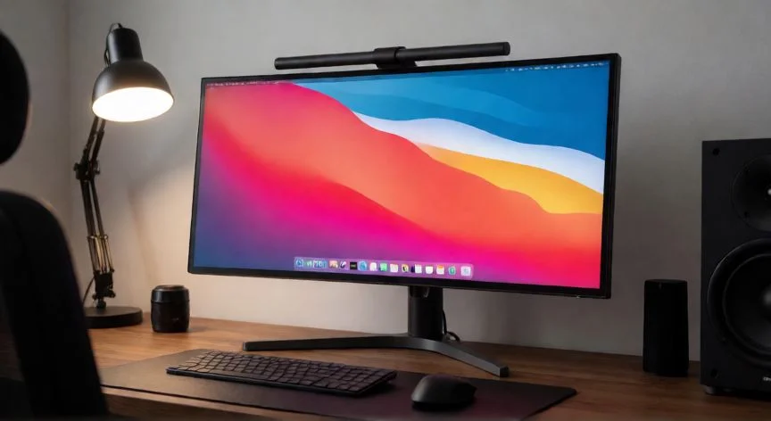 Configuración de escritorio moderno con monitor ultrapanorámico