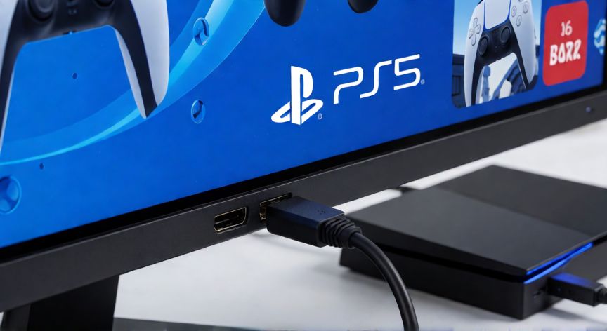 Monitor de videojuegos con puerto HDMI 2.1 y pantalla mostrando interfaz PS5