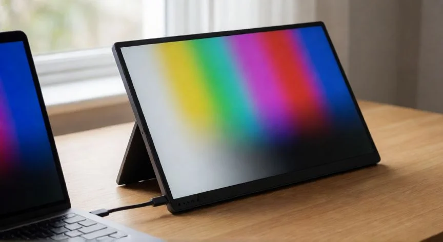 Monitor portátil de 15 pulgadas conectado a un portátil en un escritorio moderno