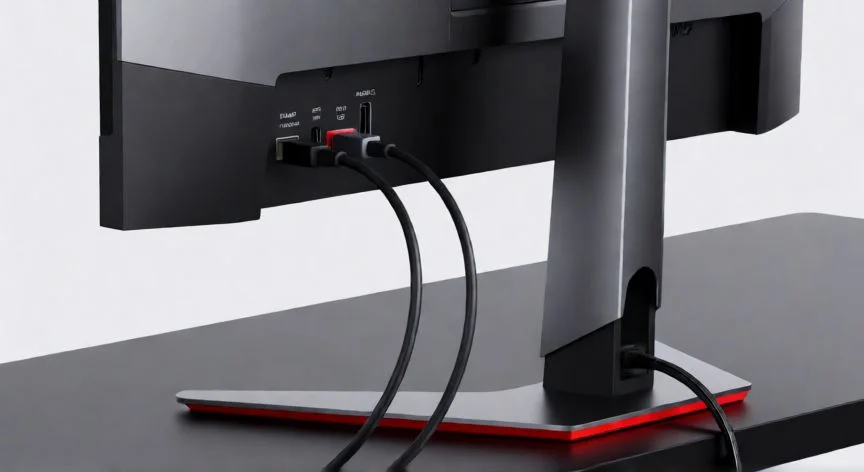 Conexión de cables HDMI y DisplayPort en la parte trasera de un monitor para PS5