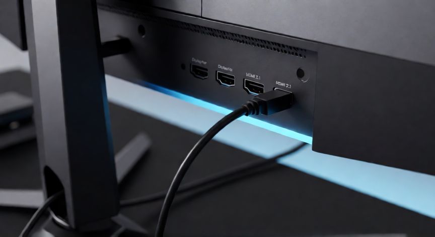 Panel trasero de un monitor gaming mostrando puertos HDMI 2.1 conectados