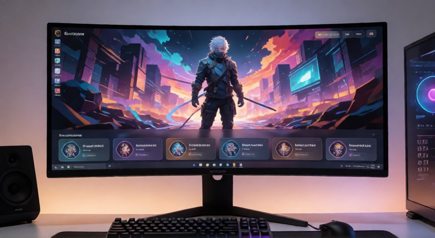 Setup de streaming profesional con monitor curvo ultrapanorámico