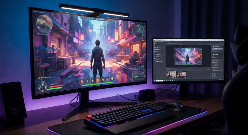 Setup de streaming con monitores de gaming y luces LED