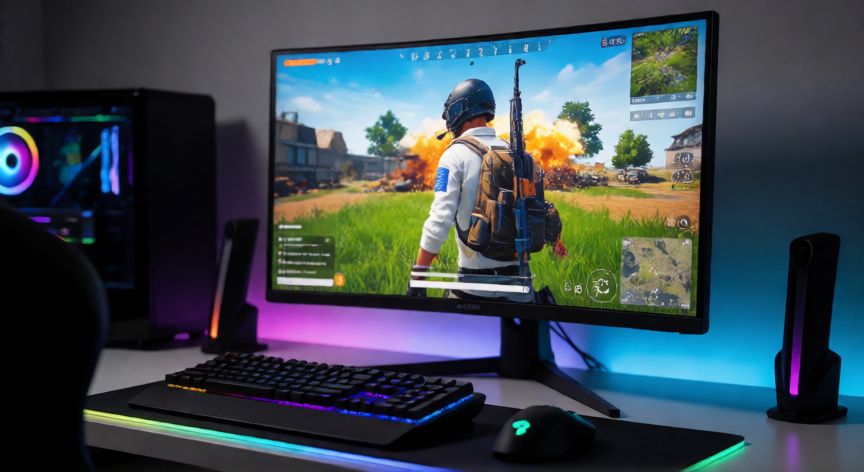 Setup de streamer con monitor curvo de alta gama y luces RGB
