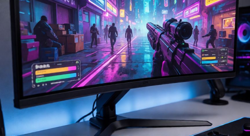 Monitor gamer de alta gama con pantalla curva en un escritorio de streaming
