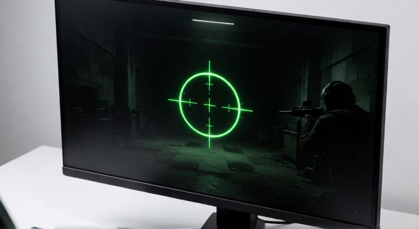 Monitor de gaming profesional con retícula verde en pantalla, estilo setup de esports