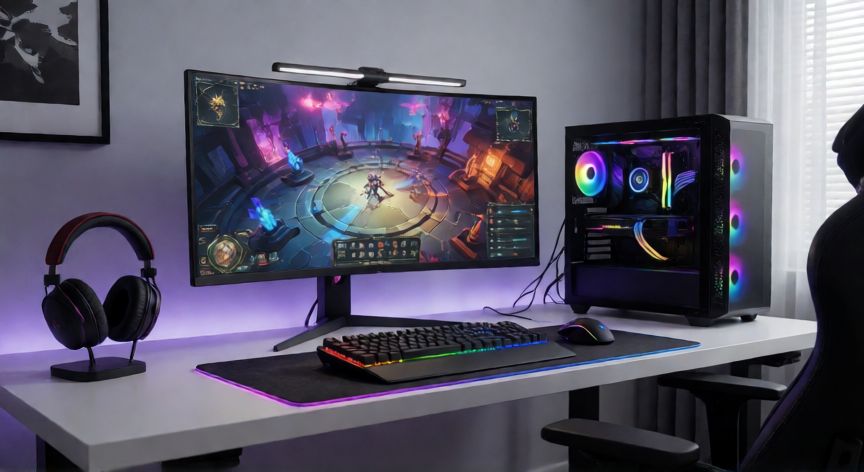 Setup de streaming con monitor gamer curvo y luces RGB