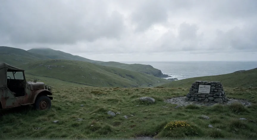 que nos hicieron los ingleses en argentina, Paisaje de las Islas Malvinas con restos militares y memorial de la guerra de 1982