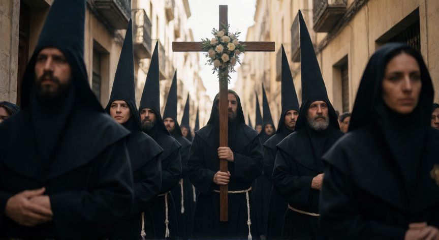 que ocurre en semana santa, Procesión religiosa de Semana Santa con penitentes encapuchados