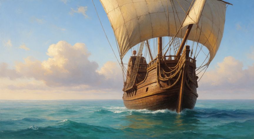 que ocurrio 12 de octubre, Barco de época navegando en el océano cerca de la costa