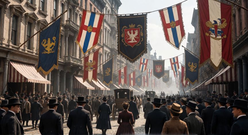 que ocurrio 12 de octubre, Multitud celebrando una festividad histórica en una ciudad del siglo XIX