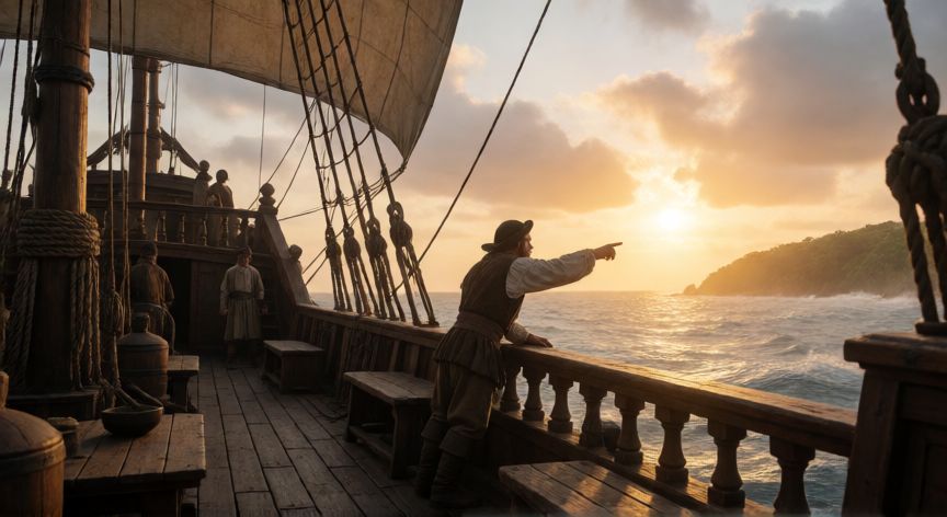 que ocurrio 12 de octubre de 1492, Marinero de la expedición de Colón avistando tierra al amanecer