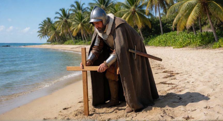 que ocurrio 12 de octubre de 1492, Cristóbal Colón desembarcando y plantando una cruz en la costa americana