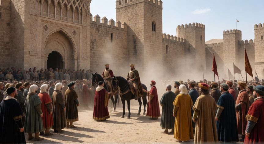 que ocurrió 1492, Escena histórica de la toma de Granada por los Reyes Católicos en 1492