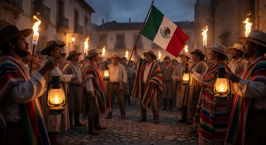 que ocurrió 2 de octubre, Recreación histórica de la Grito de Independencia en México en 1810 con multitud y antorchas