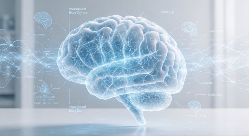 que ocurrió 2 de octubre, Representación científica tridimensional del cerebro humano con redes neuronales brillantes para el Día Internacional del Cerebro