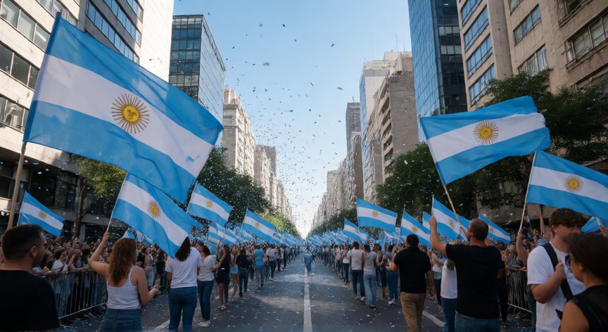 que ocurrio 25 de mayo, Multitud celebrando en las calles de Buenos Aires con banderas argentinas