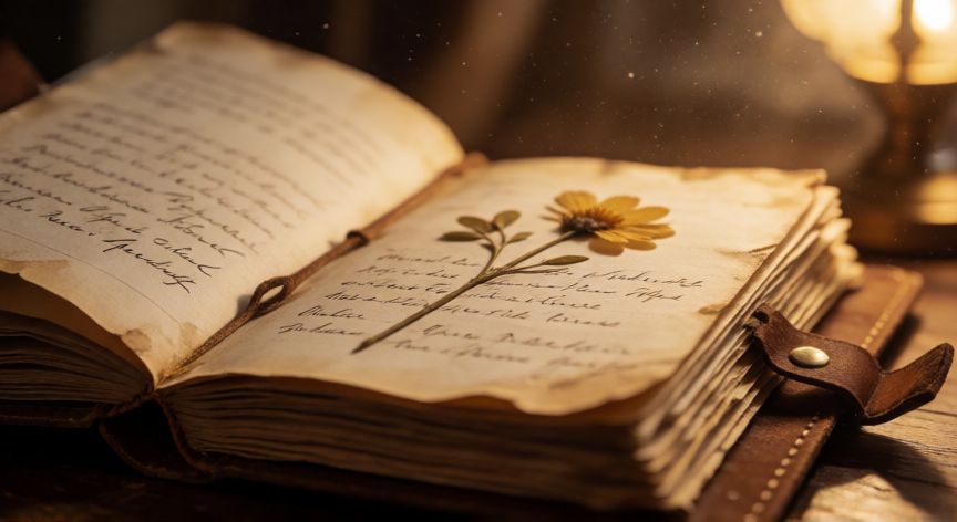 que ocurrio con agostina, Diario antiguo con notas manuscritas y una flor seca